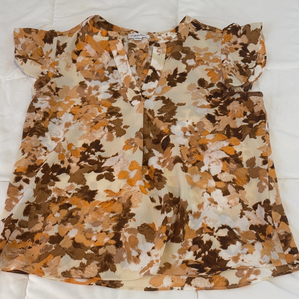 Calvin Klein Orange and Brown Floral Short Sleeve Blouse